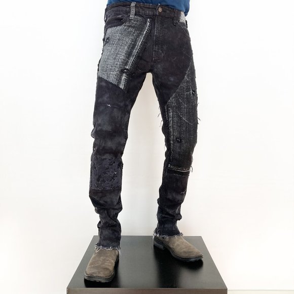 Black Rocker Jeans Acid Wash Metallic Silver Denim - Picture 3 of 16